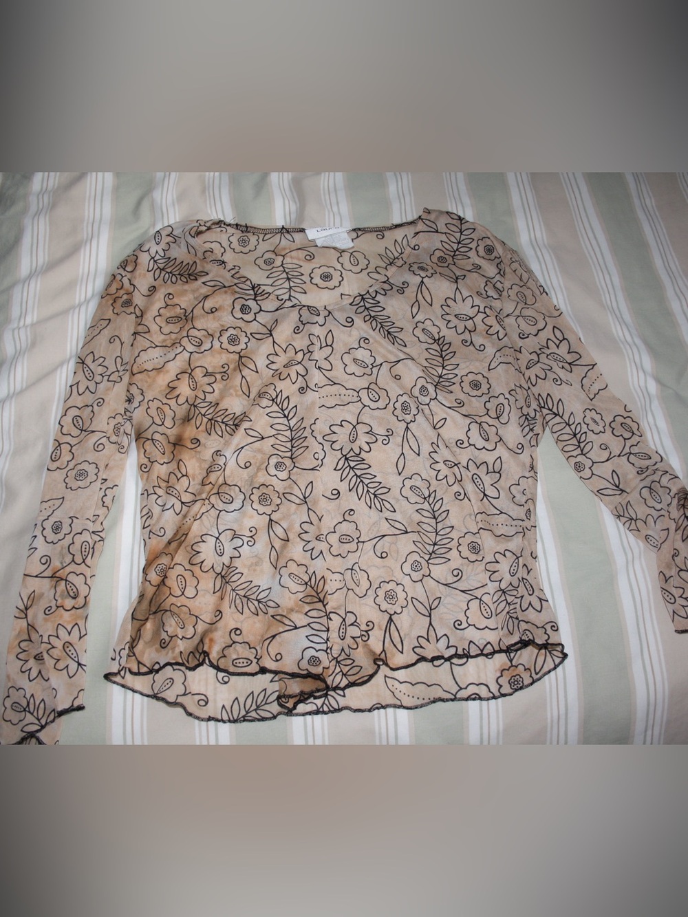 Aura Beige Sheer Long-Sleeve Floral Outline Top
